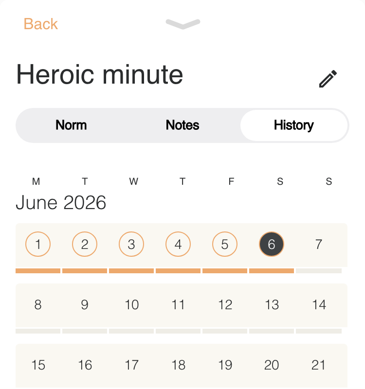 Plan of Life app showing habit tracking calendar and history
