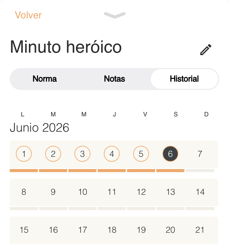 App Plan de Vida mostrando calendario de seguimiento y historial