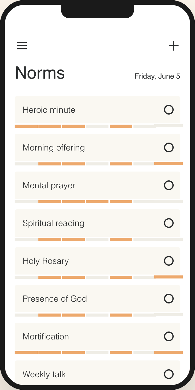 Plan of Life app showing daily spiritual norms checklist