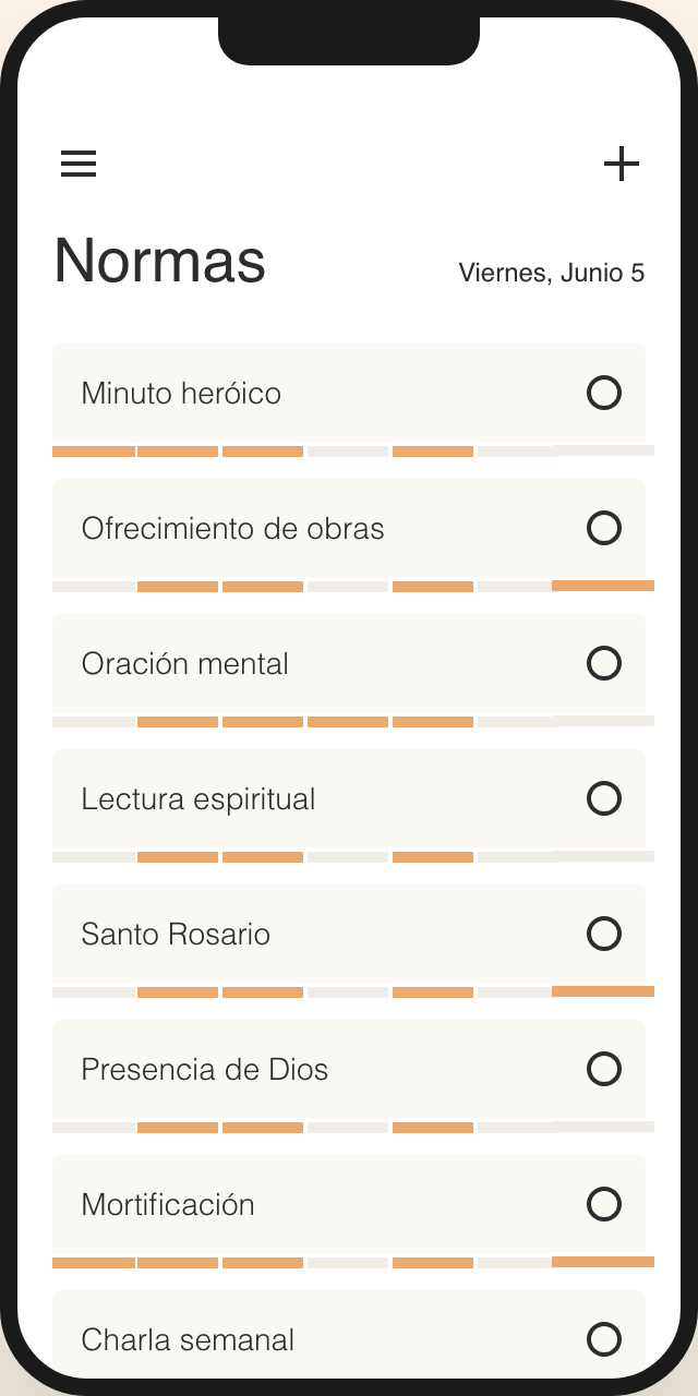 App Plan de Vida mostrando lista de normas espirituales diarias