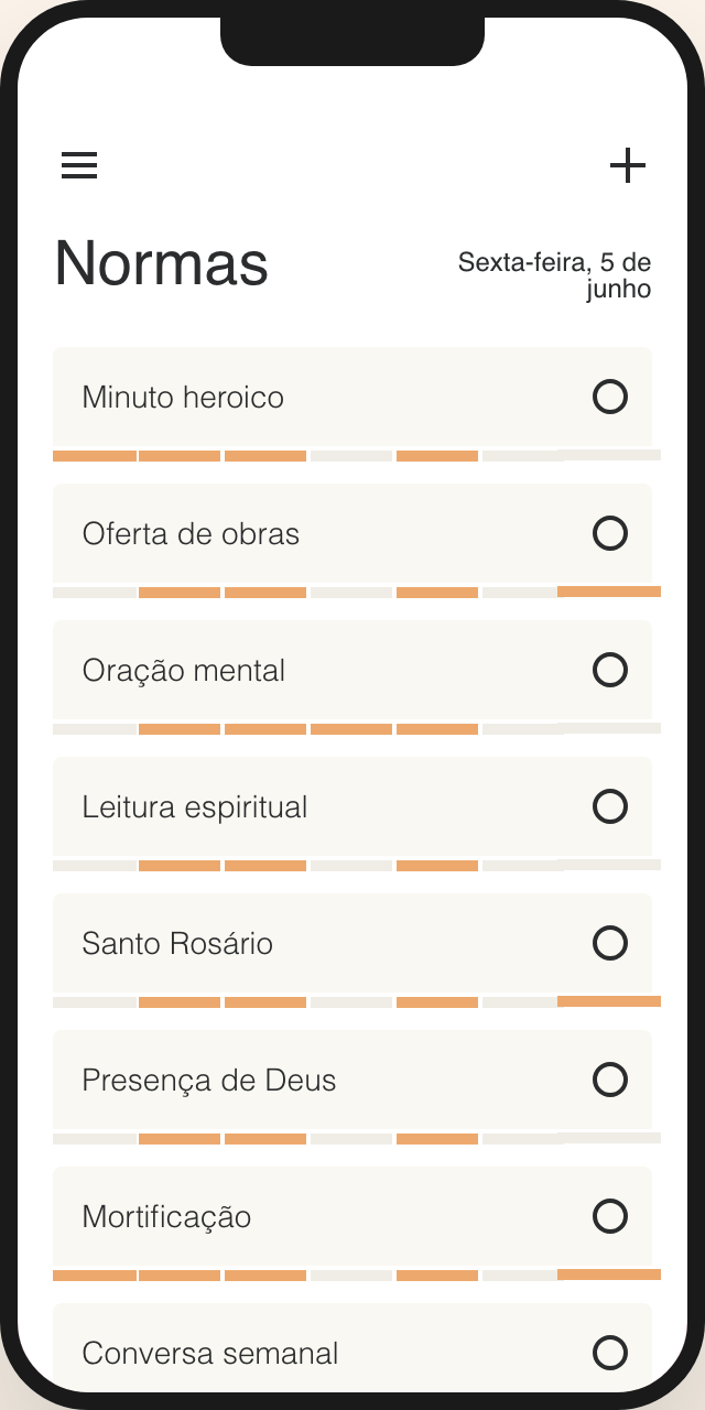 App Plano de Vida mostrando lista de normas espirituais diárias